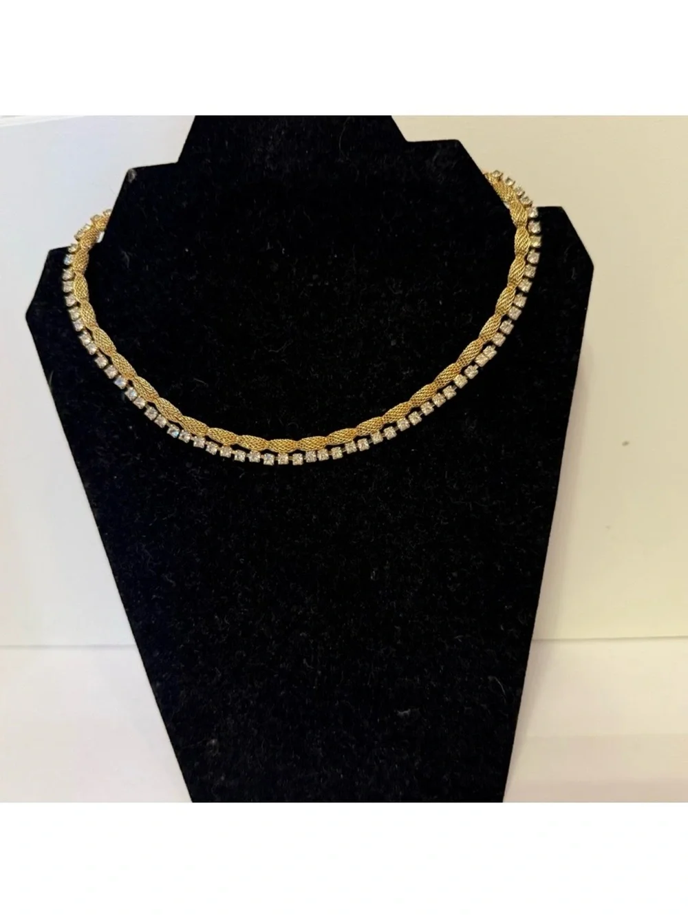 VINTAGE NECKLACE CHOKER GOLD TONE MESH CLEAR RHINESTONES 14” ADJUSTABLE JEWELRY